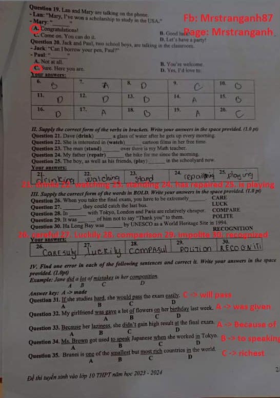 Đề thi vào lớp 10 môn Anh Hòa Bình năm 2023