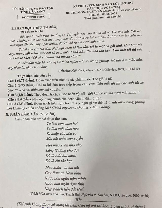 Đề thi vào 10 môn Văn Hà Giang năm 2023 - 2024