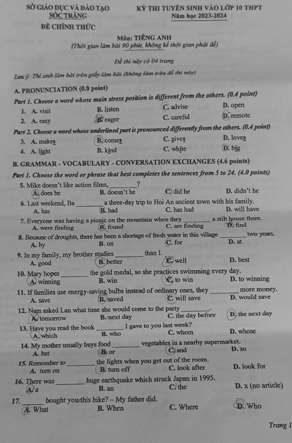 Đề thi vào 10 môn Tiếng Anh năm 2023 – 2024 sở GD&ĐT Sóc Trăng Đáp án đề thi tuyển sinh lớp 10 môn Anh 2023