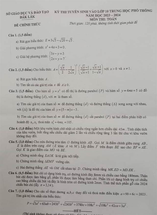 Đề thi vào lớp 10 môn Toán Đắk Lắk năm 2023 - 2024