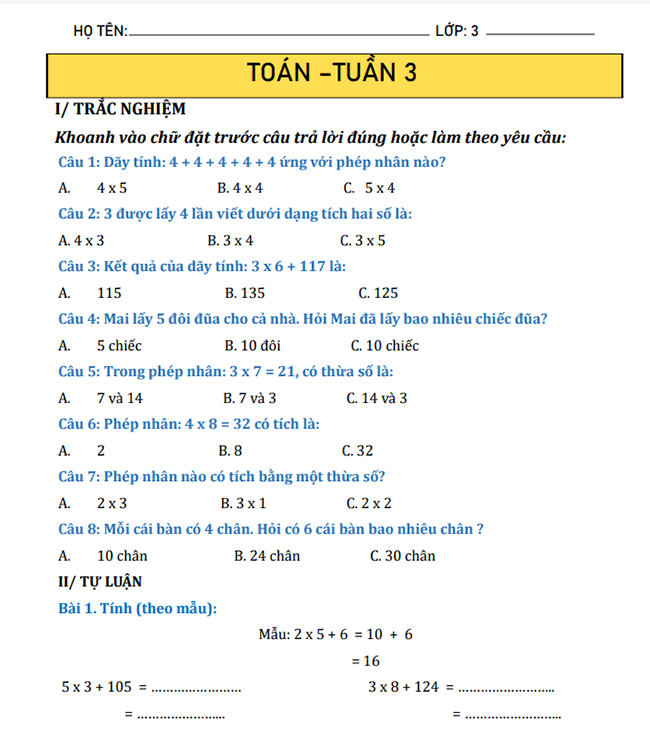 Bài tập cuối tuần lớp 3 môn Toán Kết nối tri thức Học kì 1 Phiếu bài tập cuối tuần lớp 3