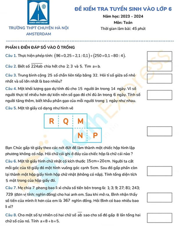 Đề thi vào lớp 6 môn Toán trường Amsterdam năm 2023 – 2024 Đề thi tuyển sinh vào lớp 6 môn Toán (Có đáp án)