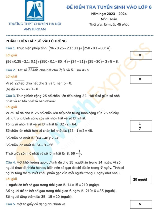 Đáp án đề thi vào lớp 6 môn Toán trường Amsterdam