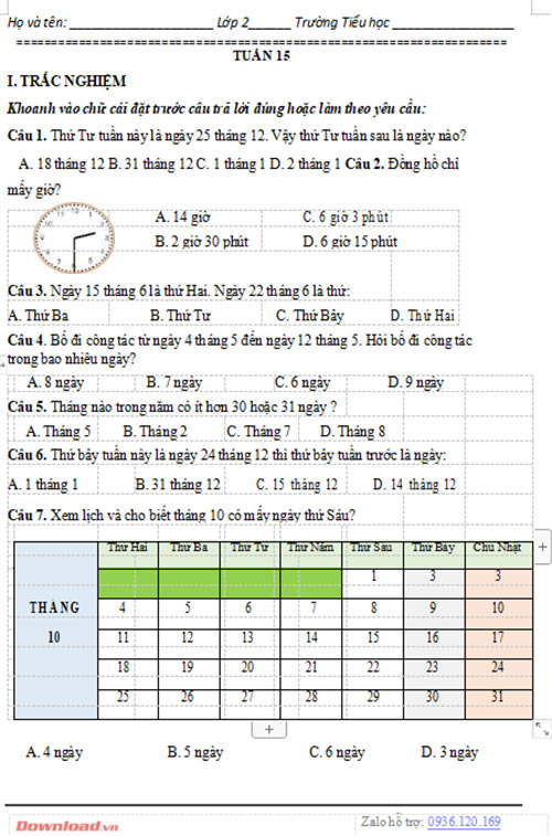 Bài tập cuối tuần lớp 2 môn Toán CTST