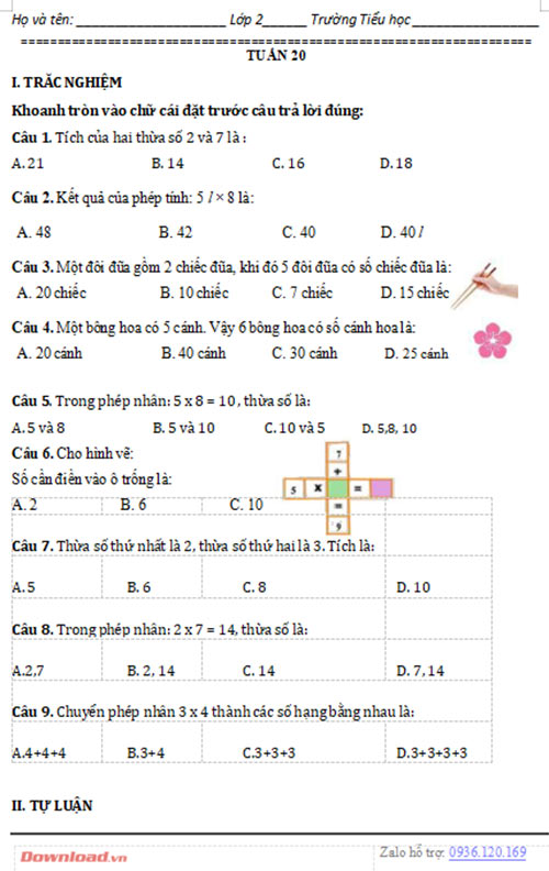 Bài tập cuối tuần lớp 2 môn Toán CTST