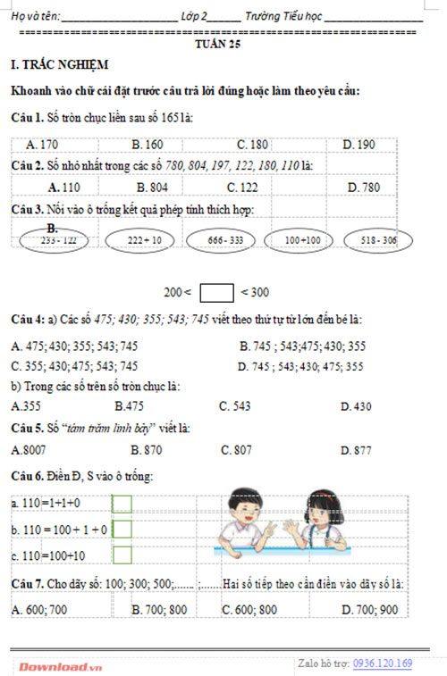 Bài tập cuối tuần lớp 2 môn Toán CTST