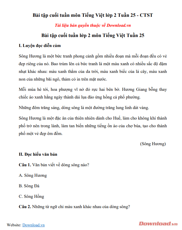 Bài tập cuối tuần lớp 2 môn Tiếng Việt Chân trời sáng tạo – Tuần 25 Bài tập cuối tuần lớp 2