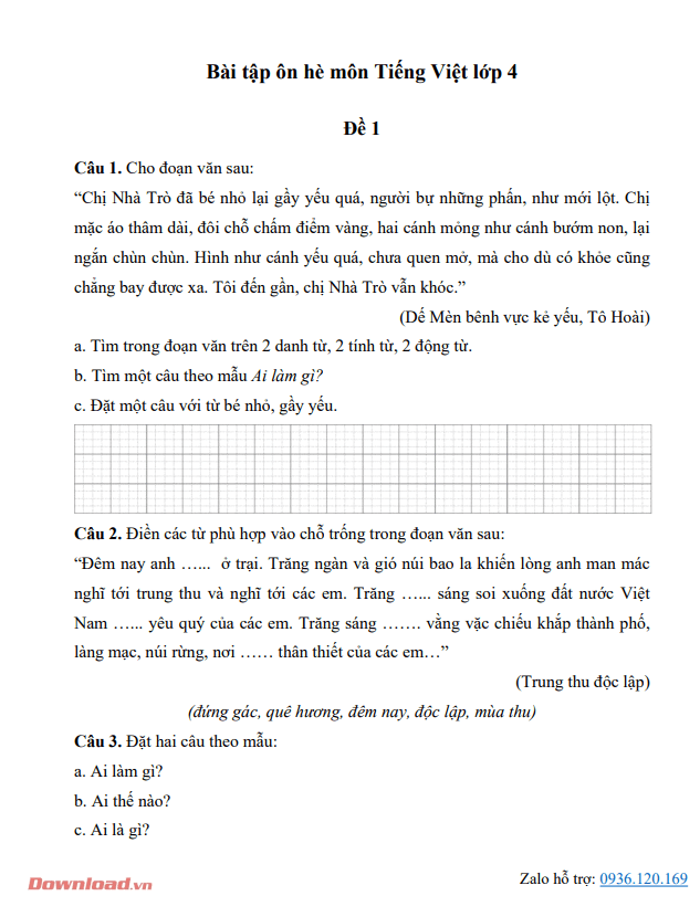 Bài tập ôn hè môn Tiếng Việt lớp 4 (33 đề) Tài liệu học hè môn Tiếng Việt lớp 4