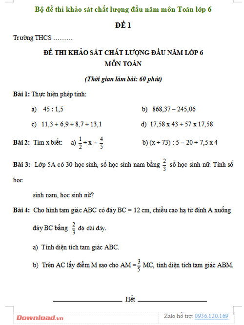 Bộ đề thi khảo sát chất lượng đầu năm môn Toán lớp 6 năm 2023 – 2024 5 Đề kiểm tra đầu năm môn Toán 6 (Có đáp án)