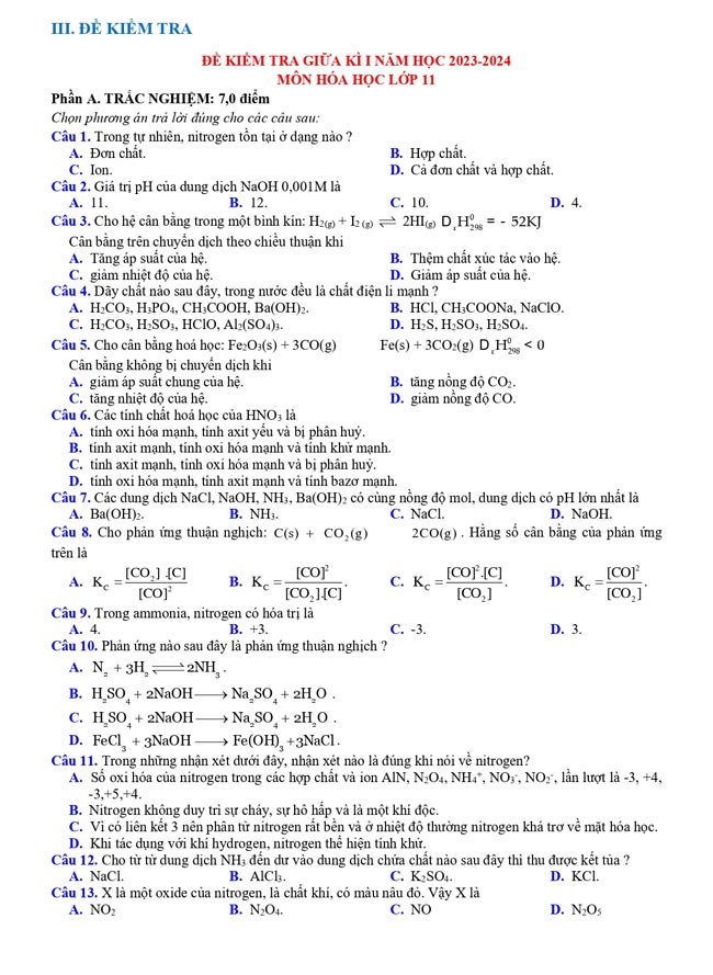Đề thi giữa học kì 1 môn Hóa học 11 năm 2023 – 2024 sách Kết nối tri thức với cuộc sống Đề kiểm tra giữa kì 1 Hóa 11 (Có ma trận, đáp án)