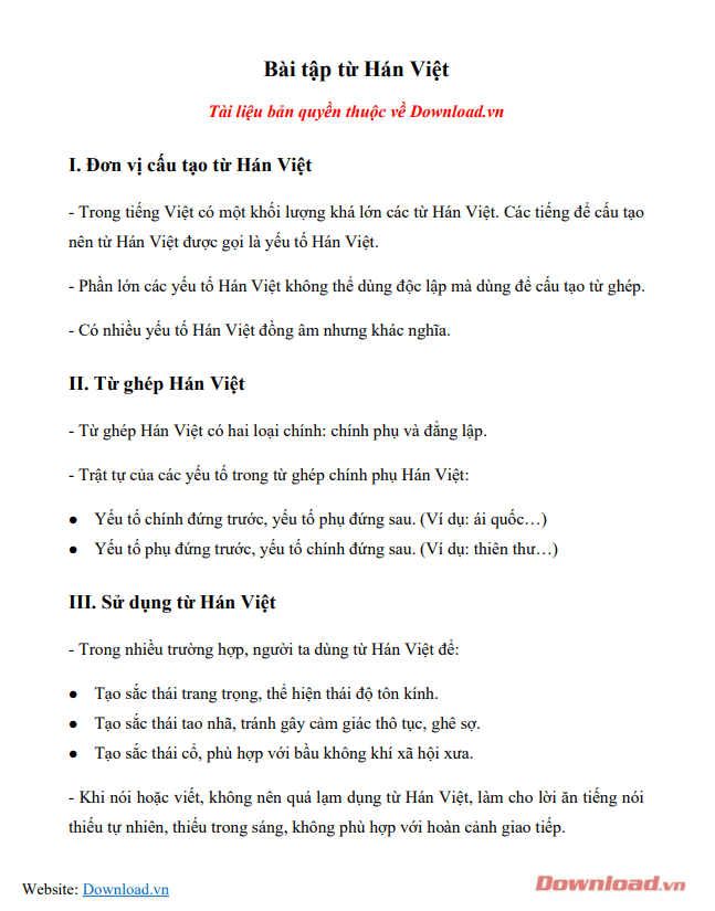 Bài tập từ Hán Việt Thực hành tiếng Việt