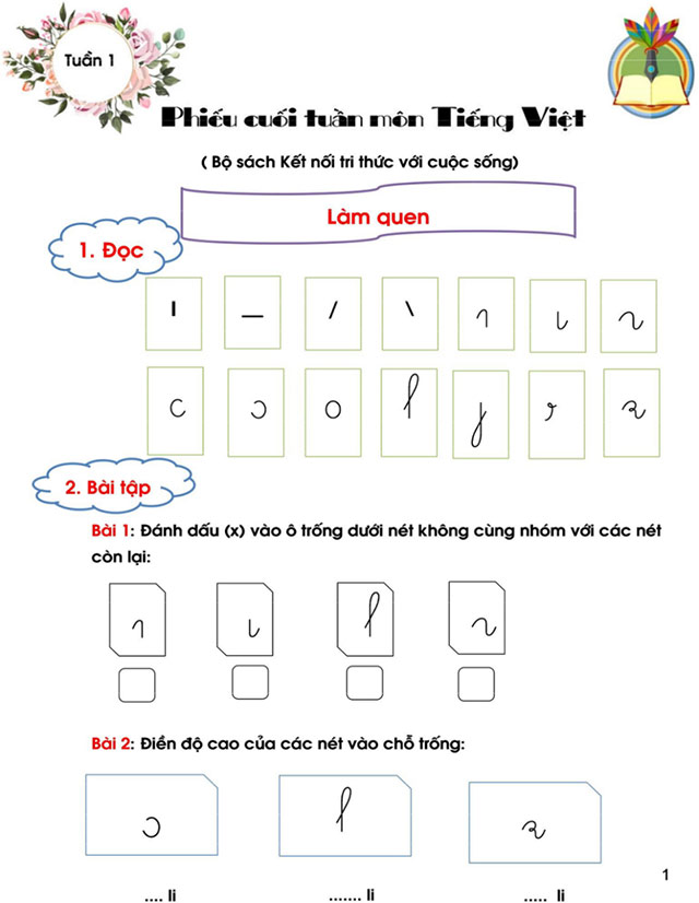 Phiếu bài tập cuối tuần Tiếng Việt lớp 1 - Tuần 1