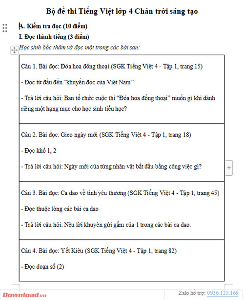 Bộ đề thi học kì 1 Tiếng Việt lớp 4 Chân trời sáng tạo