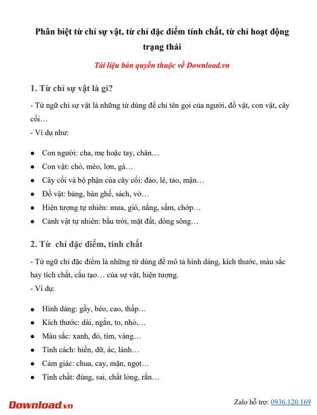 Phân biệt từ chỉ sự vật, từ chỉ đặc điểm tính chất, từ chỉ hoạt động trạng thái Từ chỉ sự vật, từ chỉ đặc điểm và từ chỉ hoạt động