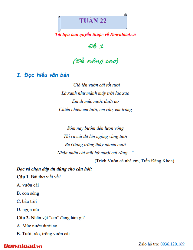 Bài tập cuối tuần lớp 3 môn Tiếng Việt Cánh diều – Tuần 22 (Nâng cao) Bài tập cuối tuần lớp 3 môn Tiếng Việt