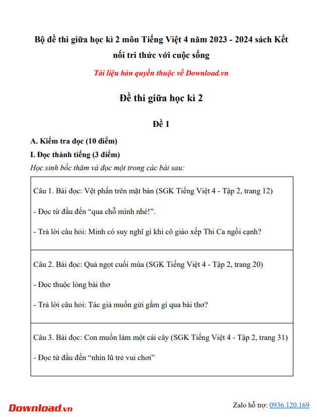 Bộ đề thi giữa học kì 2 môn Tiếng Việt lớp 4 năm 2023 – 2024 (Sách mới) 2 đề kiểm tra giữa kì 2 môn Tiếng Việt 4 (Có ma trận, đáp án)