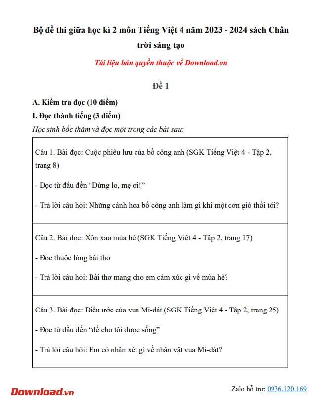 Bộ đề thi giữa học kì 2 môn Tiếng Việt 4 năm 2023 – 2024 sách Chân trời sáng tạo 2 đề thi giữa kì 2 Tiếng Việt lớp 4 (Có ma trận, đáp án)