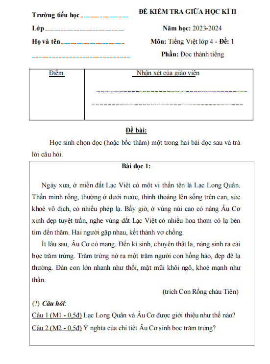 Bộ đề thi giữa học kì 2 môn Tiếng Việt 4 năm 2023 – 2024 sách Kết nối tri thức với cuộc sống 7 đề thi giữa kì 2 Tiếng Việt lớp 4 (Có ma trận, đáp án)