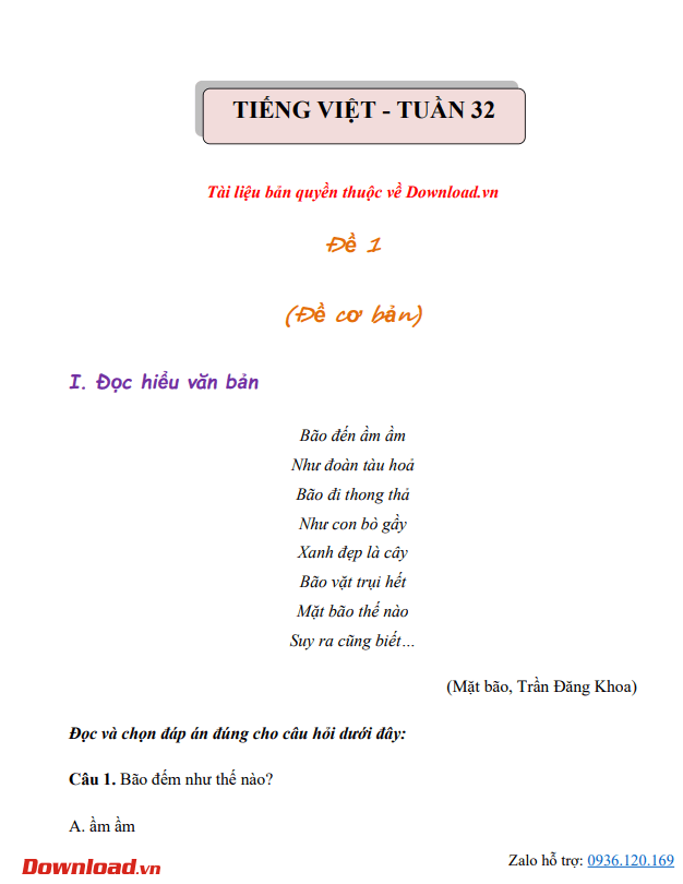 Bài tập cuối tuần lớp 3 môn Tiếng Việt Chân trời sáng tạo – Tuần 32 (Nâng cao) Bài tập cuối tuần lớp 3 môn Tiếng Việt