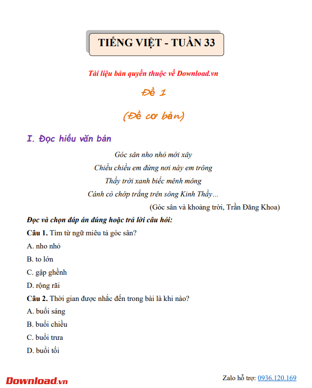 Bài tập cuối tuần lớp 4 môn Tiếng Việt Chân trời sáng tạo – Tuần 33 (Nâng cao) Bài tập cuối tuần lớp 4 môn Tiếng Việt
