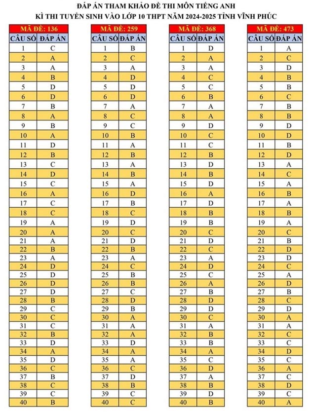 Đáp án đề thi vào 10 môn Anh Vĩnh Phúc năm 2024