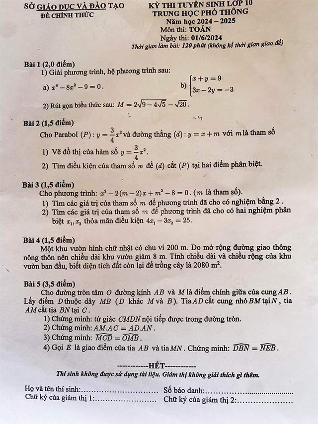 Đề thi vào lớp 10 môn Toán Bình Dương năm 2024 - 2025