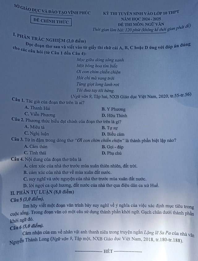 Đề thi vào lớp 10 Văn Vĩnh Phúc năm 2024
