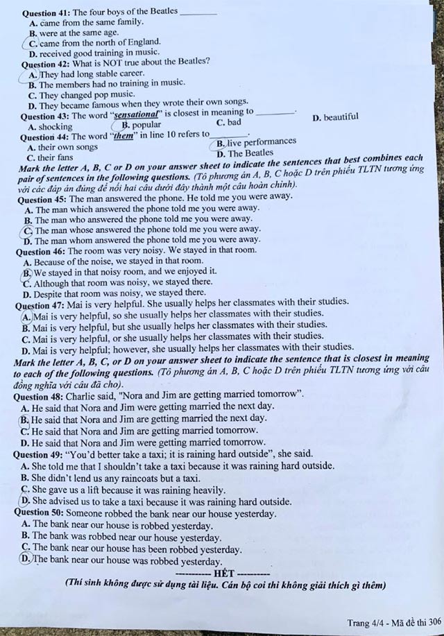 Đề thi vào 10 môn Anh Sơn La