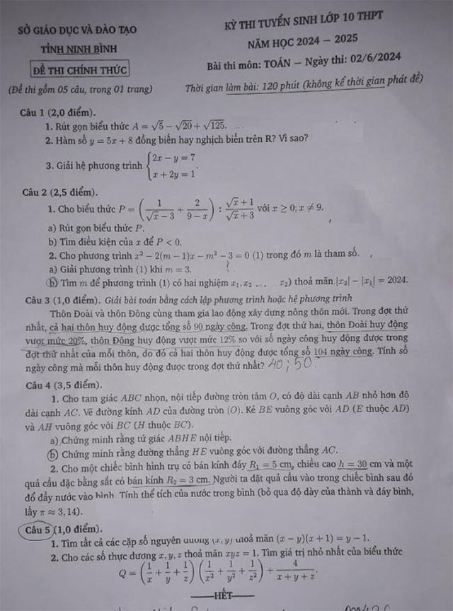 Đề thi vào lớp 10 môn Toán Quảng Ninh năm 2024
