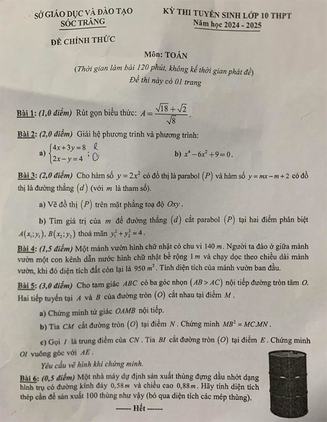 Đề thi vào 10 môn Toán Sóc Trăng năm 2024