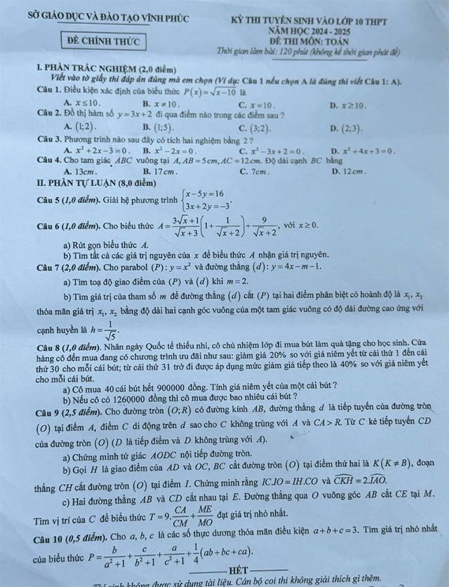Đề thi vào 10 Toán Vĩnh Phúc 2024