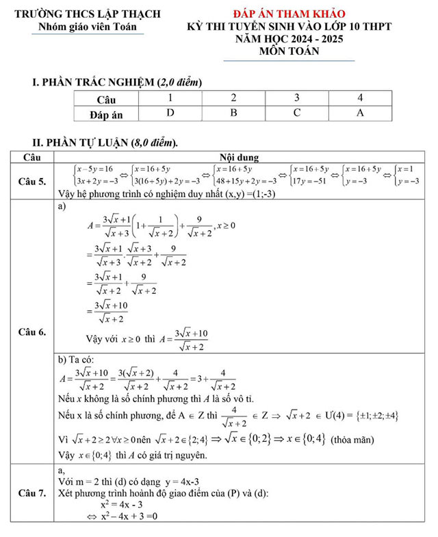 Đáp án đề thi vào 10 Toán Vĩnh Phúc 2024