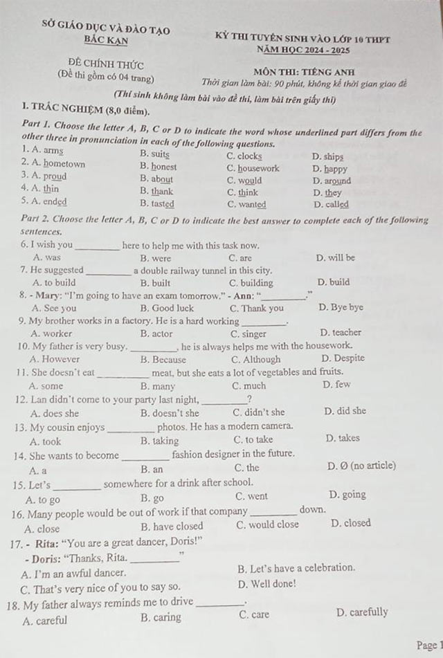 Đề thi vào lớp 10 môn Tiếng Anh Bắc Kạn năm 2024