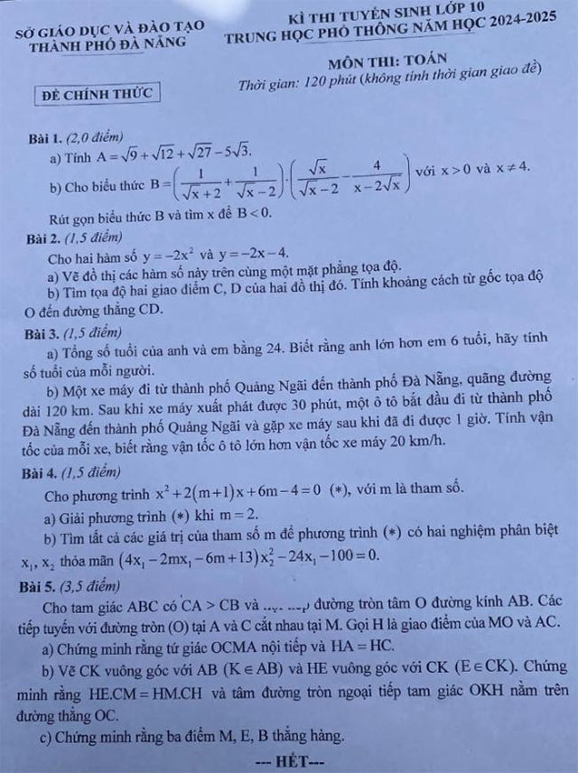 Đề thi vào lớp 10 môn Toán Đà Nẵng năm 2024 - 2025