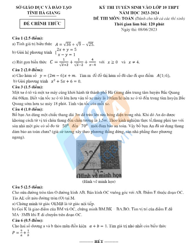 Đề thi vào 10 môn Toán Hà Giang năm 2023