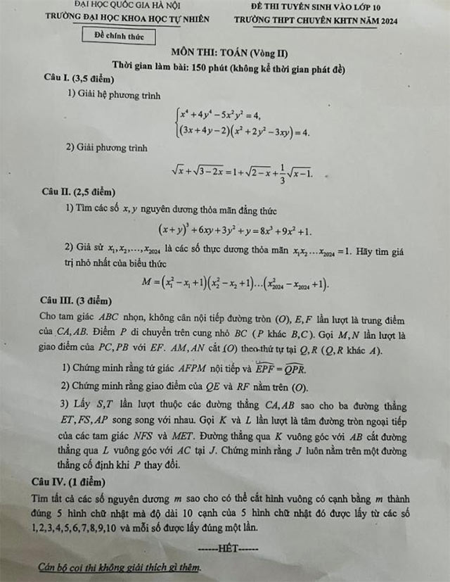 Đề thi vào 10 môn Toán Chuyên Khoa học tự nhiên Hà Nội 2024 - Vòng 2