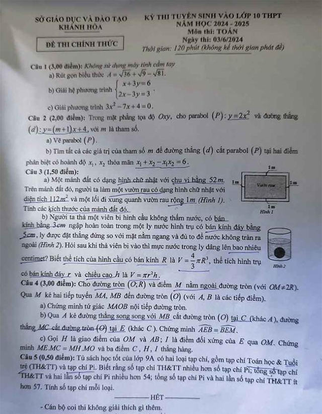 Đề thi vào lớp 10 môn Toán Khánh Hòa năm 2024