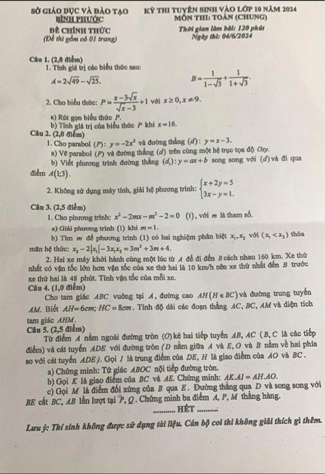 Đề thi vào 10 Toán Bình Phước 2024