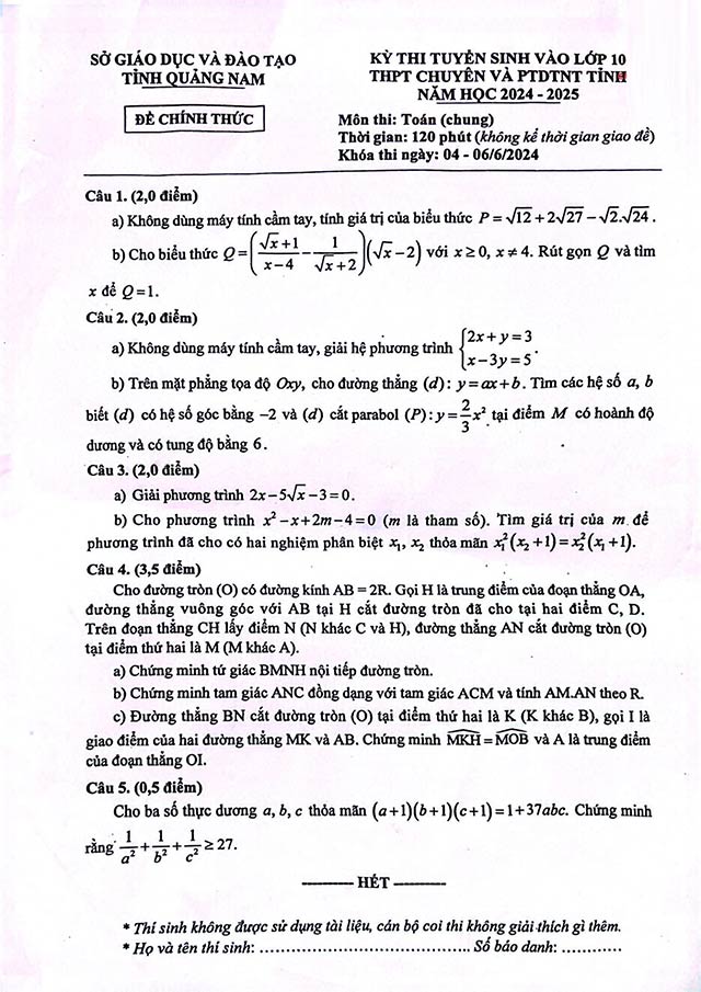Đề thi vào lớp 10 Chuyên môn Toán Quảng Nam năm 2024