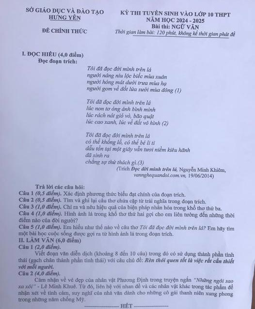 Đề thi vào lớp 10 môn Văn Hưng Yên năm 2024