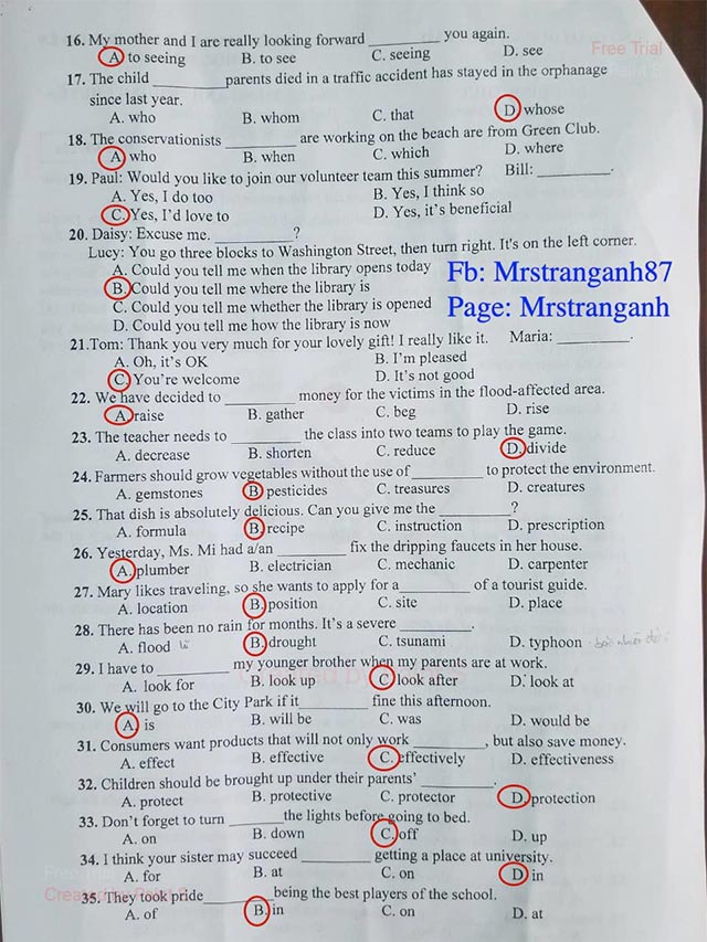 Đáp án đề thi vào lớp 10 môn Anh THPT Chuyên Lâm Đồng