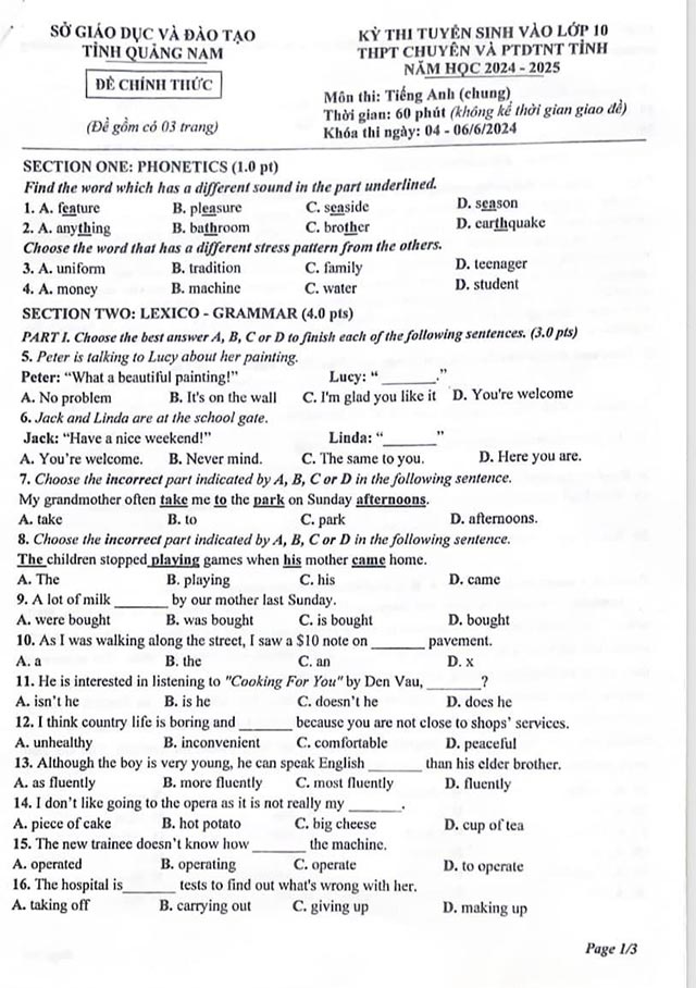Đề thi vào lớp 10 Chuyên môn Anh Quảng Nam năm 2024 - 2025