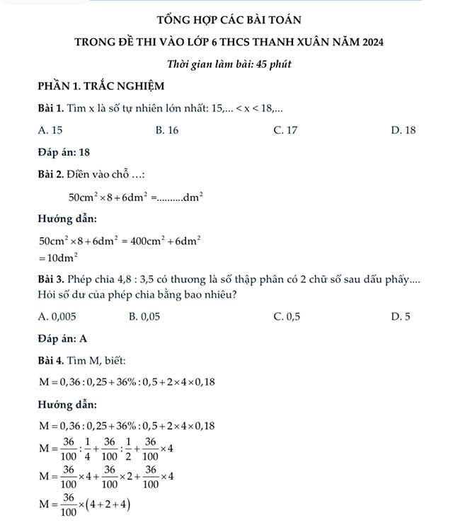 Các bài Toán trong đề thi vào lớp 6 trường THCS Thanh Xuân
