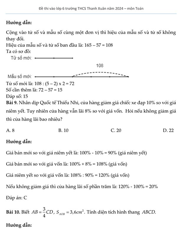 Các bài Toán trong đề thi vào lớp 6 trường THCS Thanh Xuân