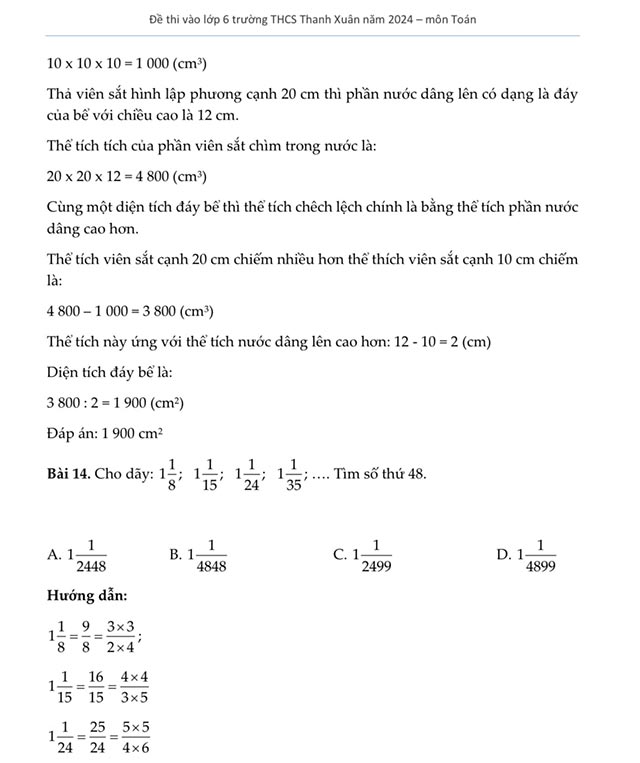 Các bài Toán trong đề thi vào lớp 6 trường THCS Thanh Xuân