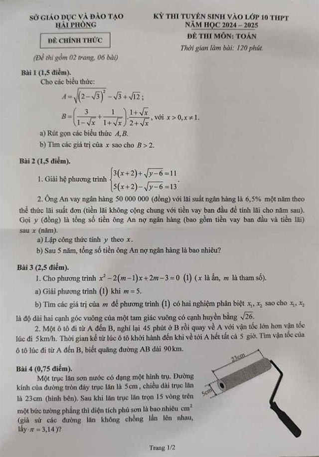 Đề thi tuyển sinh lớp 10 môn Toán năm 2024