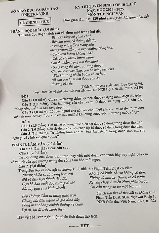 Đề thi vào lớp 10 môn Văn Trà Vinh 2024