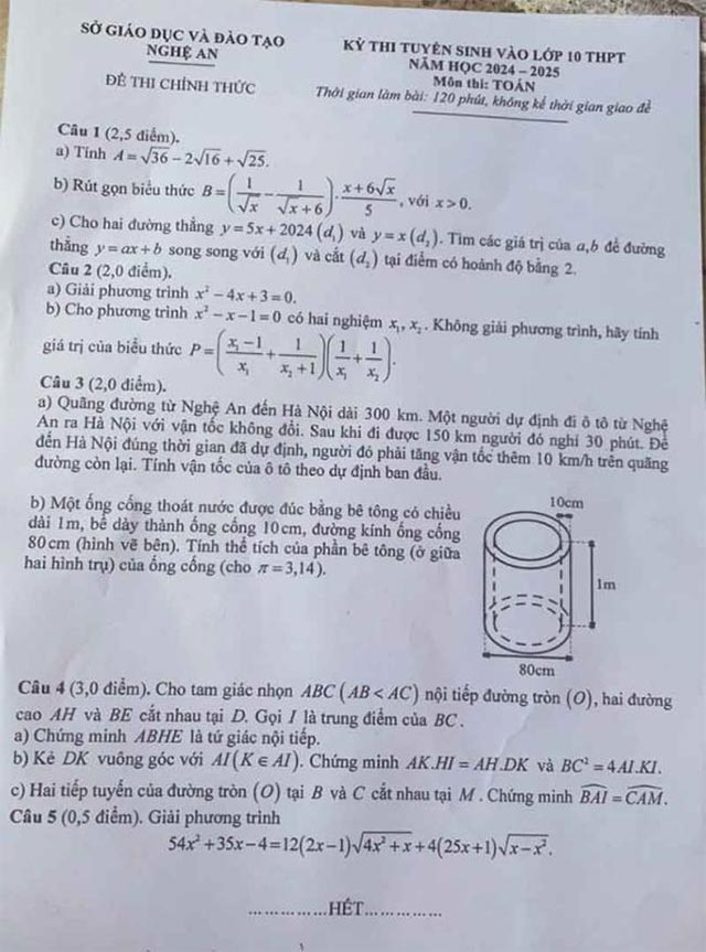 Đề thi vào lớp 10 môn Toán Nghệ An năm 2024