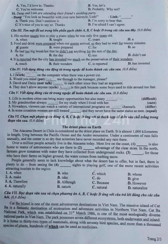 Đề thi vào lớp 10 môn Anh Phú Thọ năm 2024