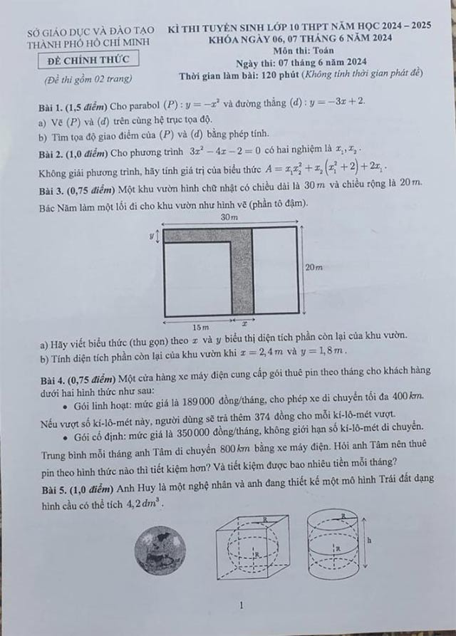 Đề thi vào 10 môn Toán Hồ Chí Minh 2024